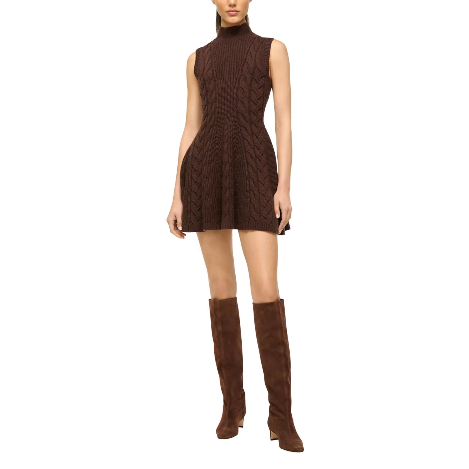 Staud Nwt Charade Cable-Knit Sweater Dress Wool Dark Brown Mock Neck Size L
